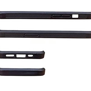 May include: Four black phone cases, each with a different design. The top case has a textured surface and a small rectangular cutout. The second case has a textured surface and a long rectangular cutout. The third case has a textured surface and two small round cutouts. The bottom case has a smooth surface.
