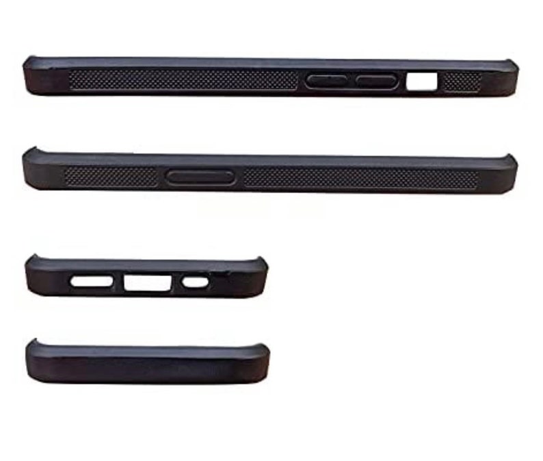 May include: Four black phone cases, each with a different design. The top case has a textured surface and a small rectangular cutout. The second case has a textured surface and a long rectangular cutout. The third case has a textured surface and two small round cutouts. The bottom case has a smooth surface.