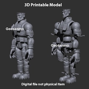 Op de afbeelding: Een 3D-printbaar model van een grijs actiefiguur, links getoond als een complete eenheid en rechts als losse beweegbare onderdelen. De tekst '3D Printable Model', 'Geosanmo' en 'Digital file not physical item' is zichtbaar.