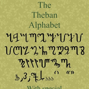 May include: The Theban Alphabet, a set of ancient Egyptian hieroglyphs, is shown in black on a green background with a floral pattern. The alphabet includes letters, numbers, and punctuation marks.