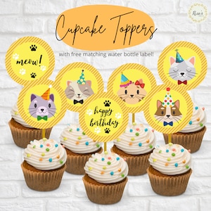 PRINTABLE Cat Birthday Cupcake Topper | Cat Birthday Water Bottle Label | Kitty Printable Decor | DIY Instant Download