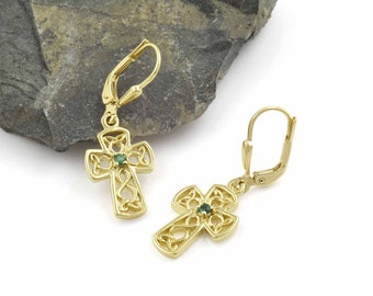 10K Gold Cross Earrings With Emerald