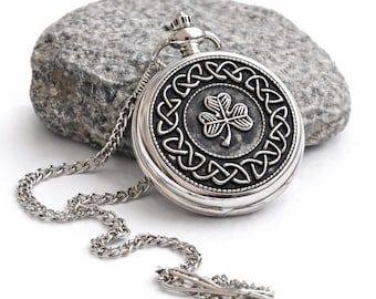 Mullingar Pewter Mechanical Pocket Watch with Shamrock Design