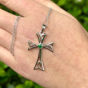Sterling Silver Celtic Cross Necklace with Emerald | Irish Pendant | Celtic Jewelry
