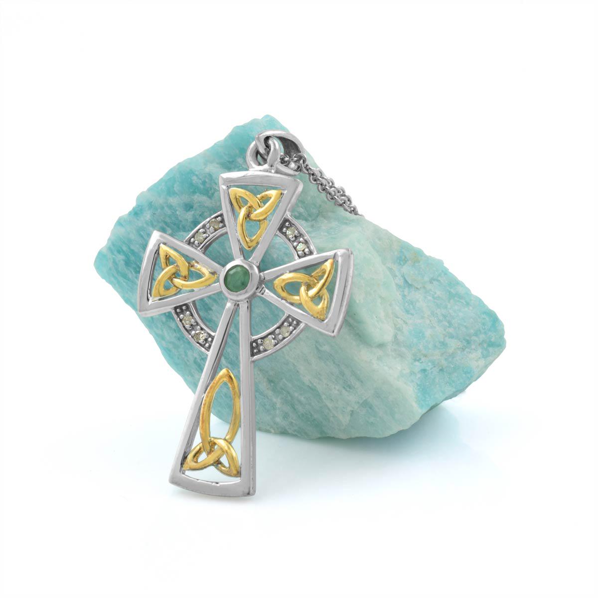 10k Gold Trinity Knot Celtic Cross Pendant With Diamonds & Emerald - Irish Claddagh Necklace Charm - View #7