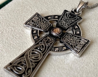 Famous Mens Warrior Celtic Cross Necklace with Gold Bead