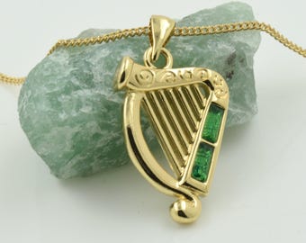 Gold Plated Green Crystal Harp Pendant