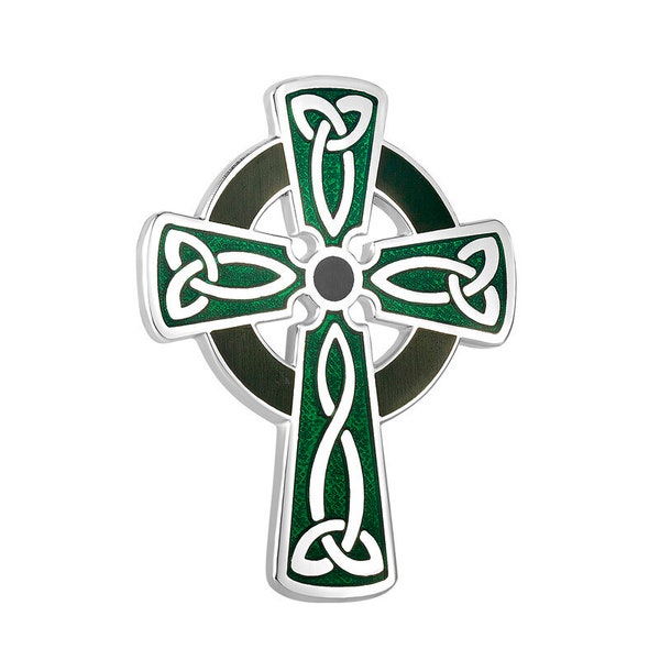 Rhodium Green Enamel Celtic Cross Brooch