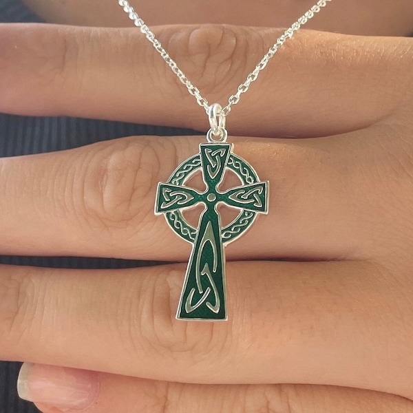 Celtic Cross Necklace with green enamel