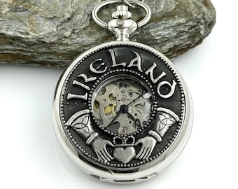 Mechanical Irish Pocket Watch with Claddagh Ireland Design