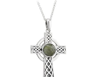 Silver Connemara Marble Celtic Cross Necklace