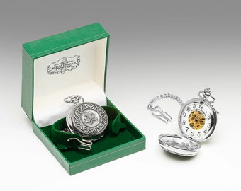 Mullingar Pewter Mechanical Pocket Watch with Shamrock Design