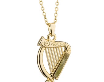 Gold Plated Connemara Marble Harp Pendant