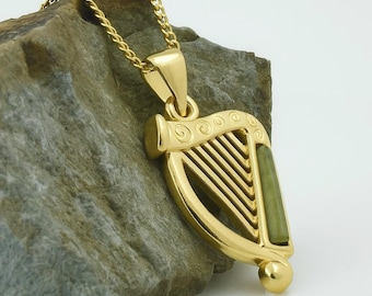 Collana con arpa in marmo del Connemara rivestita in oro 18k, ciondolo irlandese, gioielli del Connemara, collana del Connemara