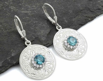 Swiss Blue Celtic Warrior Earrings with Clear CZ Stones