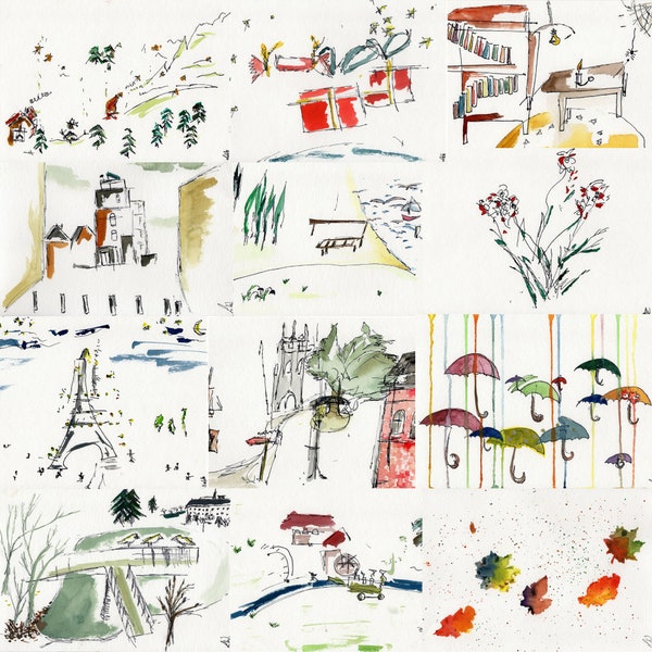 SET 12 motifs "First"/"Second" - Eiffel Tower/flowers/autumn/tower/mountains/gifts, bench by the sea/library/Bristol/lake/mill/umbrellas