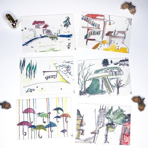 SET 6 motifs &quot;Second&quot; - bench by the sea, library, Bristol, Erba Lake, mill, umbrellas
