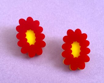 Red Chrysanthemum Flower Earrings | Acrylic Earrings, Statement Earrings, Modern Earrings