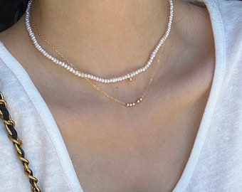 Dainty beaded necklace, Satellite necklace, Simple layering necklace, Gold station necklace,Pearl necklace, elegant necklace, necklace set