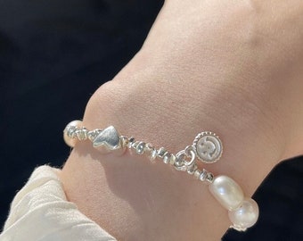 Sliver Beaded Bracelet, S925 Sliver Bracelet, Sliver Smile Face Pendant Bracelet, Pearl Bracelet, Cute Sliver Bracelet, Dainty Bracelet