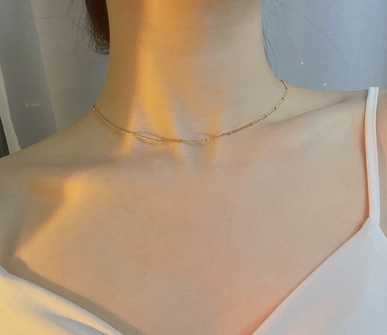 Gold dainty layer necklace Simple layering necklace Satellite necklace Gold station necklace Dainty beaded necklace