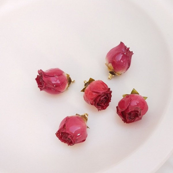 3pc Real Rose Pendant, Real Rosebud Flower Charms, Resin Flower Pendant, Necklace Pendant, Jewelry Supply, DIY