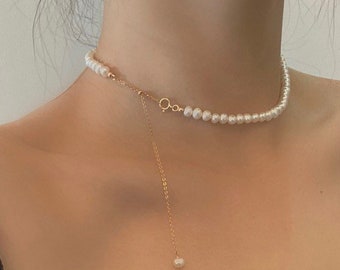 Collier de perles Dainty, collier de perles, collier de perles d'eau douce, collier en or 14 carats, collier élégant, véritable perle d'eau douce, réglable