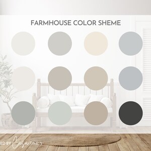 May include: A farmhouse color scheme with 10 different paint colors in circles. The colors are white, gray, beige, light blue, and dark gray. The colors are arranged in a grid pattern. The text "FARMHOUSE COLOR SCHEME" is at the top of the image. The text "DESIGNED BY CASA LIBRA" is at the bottom of the image.