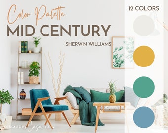 Paleta de colores modernos de mediados de siglo, Sherwin Williams, paleta de pintura interior, esquema de pintura profesional, selección de colores, diseño de interiores