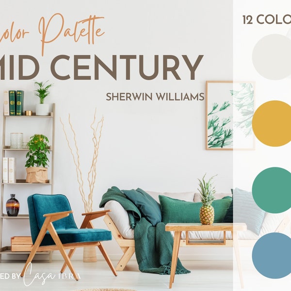 Paleta de colores modernos de mediados de siglo, Sherwin Williams, paleta de pintura interior, esquema de pintura profesional, selección de colores, diseño de interiores