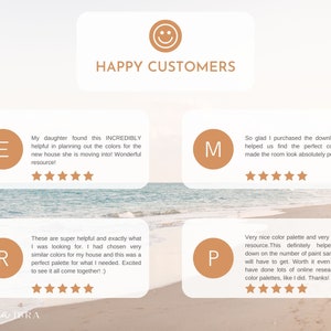 May include: A collage of four customer reviews with five-star ratings for a colour palette resource. Each review highlights the helpfulness and ease of use of the resource. The reviews are labelled with the letters E, M, R, and P.
