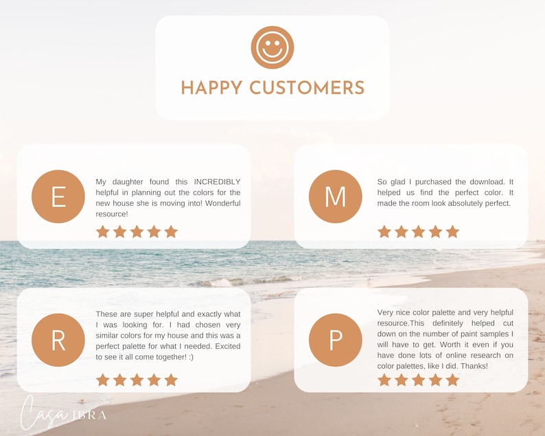 May include: A collage of four customer reviews with five-star ratings for a colour palette resource. Each review highlights the helpfulness and ease of use of the resource. The reviews are labelled with the letters E, M, R, and P.
