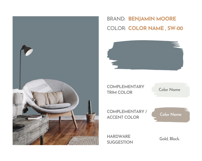 May include: A room painted in a light blue-grey colour, "COLOR NAME, SW-00" by Benjamin Moore. The room features a comfortable armchair, a side table, and a floor lamp. The image also includes colour suggestions for complementary trim and accent colours, as well as hardware suggestions.