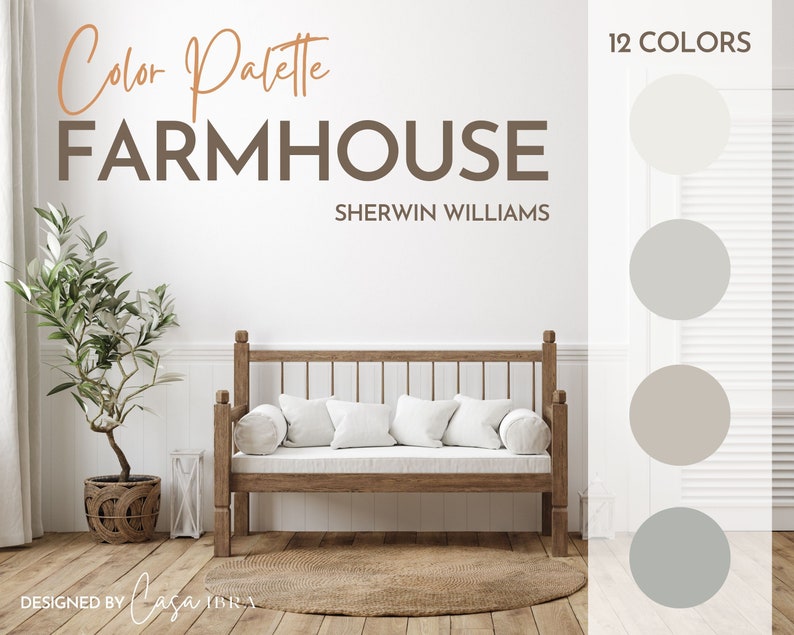 May include: A farmhouse-inspired color palette featuring 12 Sherwin Williams paint colors. The colors range from light beige to gray and are displayed on a white wall with a wooden bench in front of it. The text "Color Palette FARMHOUSE SHERWIN WILLIAMS" is displayed at the top of the image.