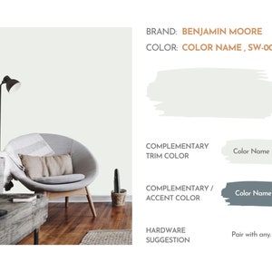 May include: A light green wall painted with Benjamin Moore paint in the colour "COLOR NAME, SW-00". The wall is shown in a living room with a grey armchair, a wooden coffee table, and a floor lamp. The image also shows paint swatches for complementary trim and accent colours.