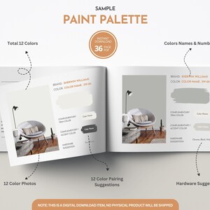 May include: A sample paint palette with 12 colors, showing a room interior with a chair and a lamp. The palette includes color names and numbers, as well as complementary trim and accent color suggestions. The text "INSTANT DOWNLOAD 36 PAGE PDF" is visible in the top right corner.