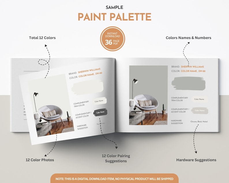 May include: A sample paint palette with 12 colors, showing a room interior with a chair and a lamp. The palette includes color names and numbers, as well as complementary trim and accent color suggestions. The text "INSTANT DOWNLOAD 36 PAGE PDF" is visible in the top right corner.