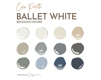 May include: Color palette featuring the Benjamin Moore paint color Ballet White, with 12 paint chips in various shades of white, beige, gray, and blue.