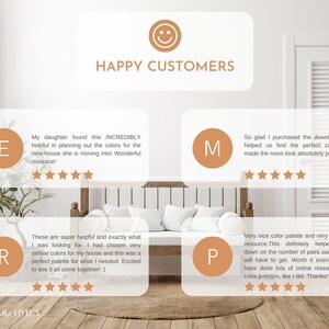 May include: Five customer reviews with a five-star rating for a color palette resource. The reviews highlight the resource's helpfulness in choosing paint colors for a home.