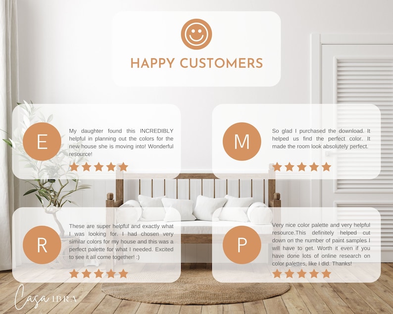 May include: Five customer reviews with a five-star rating for a color palette resource. The reviews highlight the resource's helpfulness in choosing paint colors for a home.
