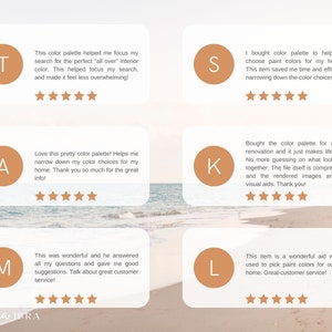 May include: Five customer reviews for a colour palette product. Each review is displayed on a white card with a letter and five stars. The reviews are positive and mention the product's helpfulness in choosing colours for home renovation and interior design.