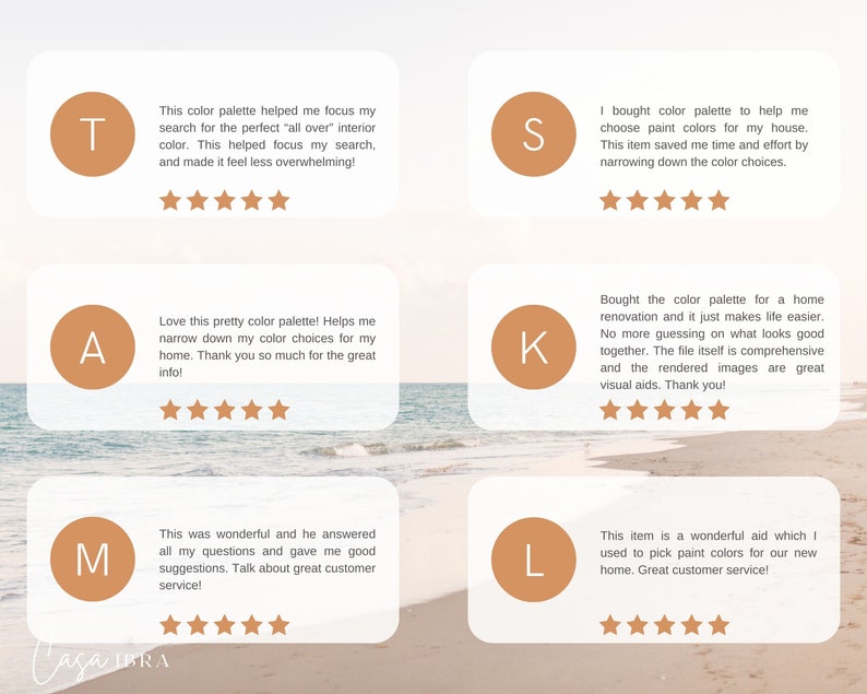 May include: Five customer reviews for a colour palette product. Each review is displayed on a white card with a letter and five stars. The reviews are positive and mention the product's helpfulness in choosing colours for home renovation and interior design.