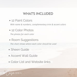 May include: A graphic with the text "WHAT'S INCLUDED" and a list of items included in a paint colour guide. The items include 12 paint colours, 12 colour photos, room suggestions, a sheen guide, an accent wall guide, and a colour list and website links.