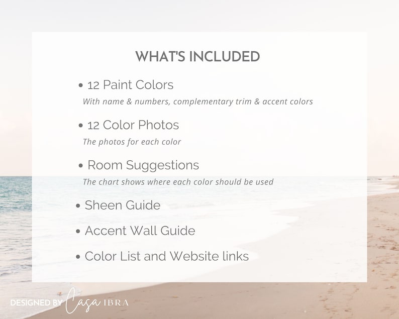 May include: A graphic with the text "WHAT'S INCLUDED" and a list of items included in a paint colour guide. The items include 12 paint colours, 12 colour photos, room suggestions, a sheen guide, an accent wall guide, and a colour list and website links.