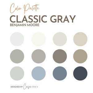 May include: Color palette for Classic Gray paint by Benjamin Moore. The palette includes 12 shades of gray, ranging from light to dark.