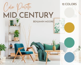 Tavolozza dei colori moderna della metà del secolo, Benjamin Moore, tavolozza dei colori per interni, schema di verniciatura professionale, selezione dei colori, design degli interni