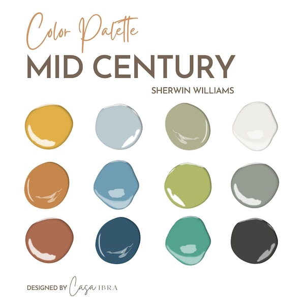 Mid Century Modern Color Palette, Sherwin Williams, Interior Paint Palette, Professional Paint Scheme, Color Selection,Interior Design
