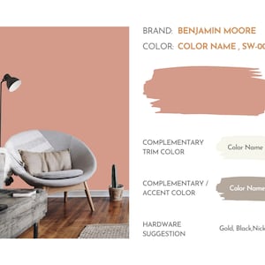 May include: A living room interior design inspiration board featuring a peach-coloured wall, a grey armchair, and a wooden coffee table. The board includes the paint brand, colour name, and suggested hardware finishes.