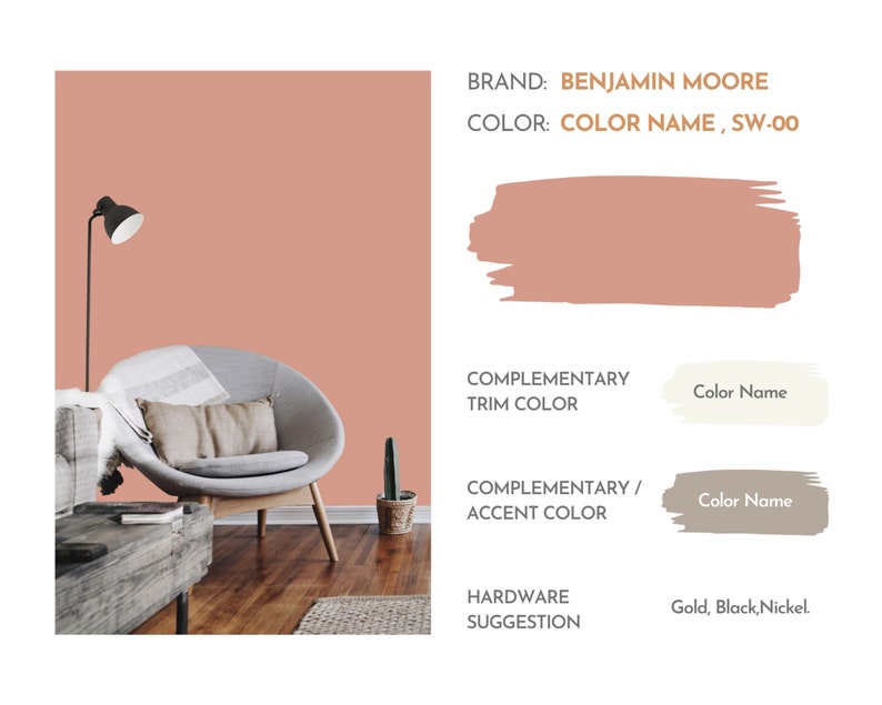 May include: A living room interior design inspiration board featuring a peach-coloured wall, a grey armchair, and a wooden coffee table. The board includes the paint brand, colour name, and suggested hardware finishes.