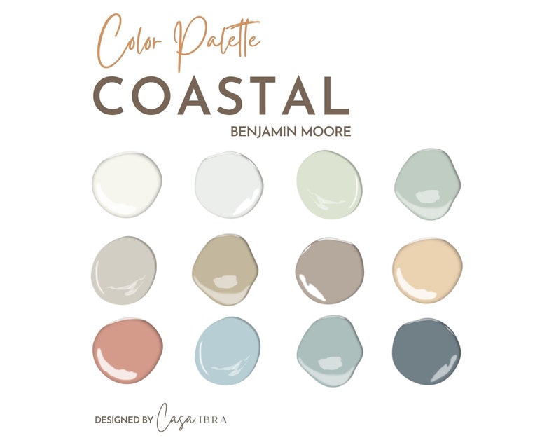 May include: A colour palette for interior design featuring 12 paint colours from Benjamin Moore. The palette is called "Coastal" and includes shades of white, grey, beige, blue, and green.